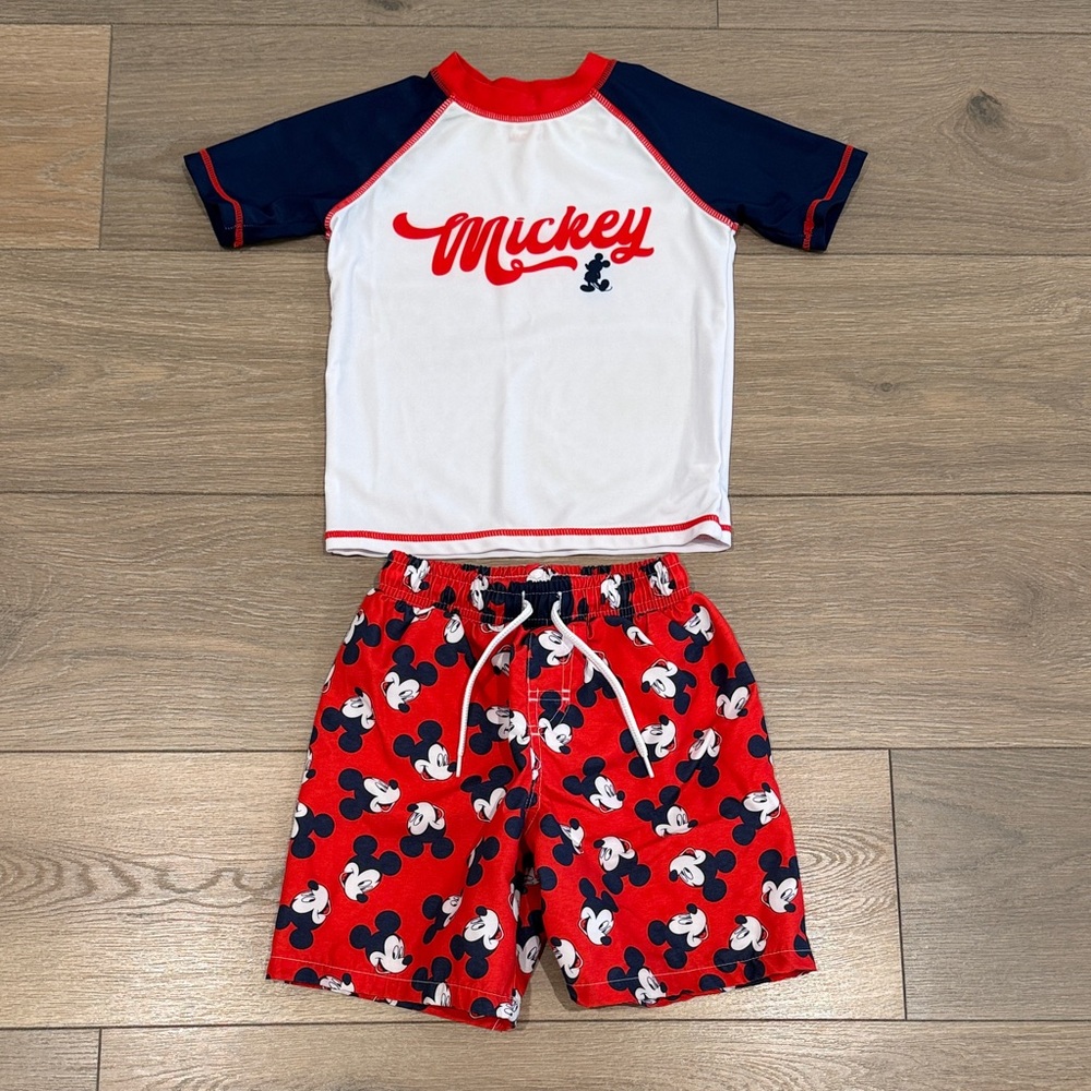 DISNEY MICKEY MOUSE Red White Blue Swimsuit Shorts & Top Matching‎ Set Size 4T